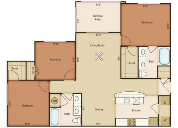 Avery Floorplan 2 Bedroom 2 Bath 1372 Total Sq Ft at Alden Place at South Square Apartments, Durham, NC 27707