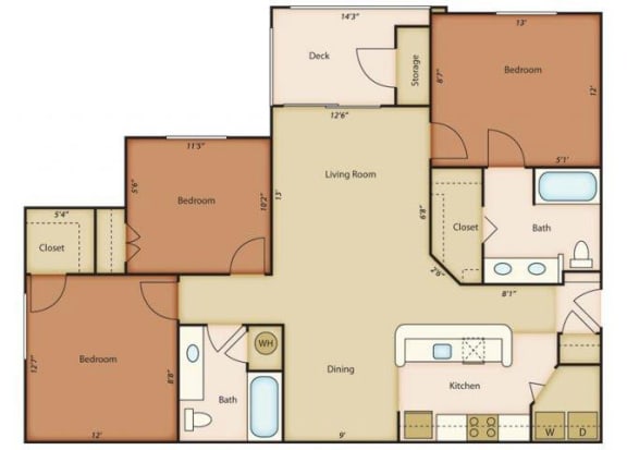 Beaufort Floorplan 2 Bedroom 2 Bath 1347 Total Sq Ft at Alden Place at South Square Apartments, Durham, NC 27707