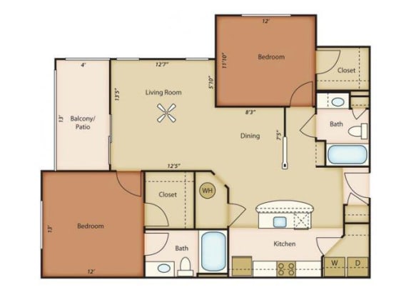 Cumberland Floorplan 2 Bedroom 2 Bath 1189 Total Sq Ft at Alden Place at South Square Apartments, Durham, NC 27707