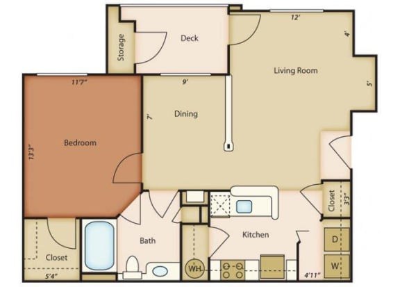 Richmond Floorplan 1 Bedroom 1 Bath 828 Total Sq Ft at Alden Place at South Square Apartments, Durham, NC 27707