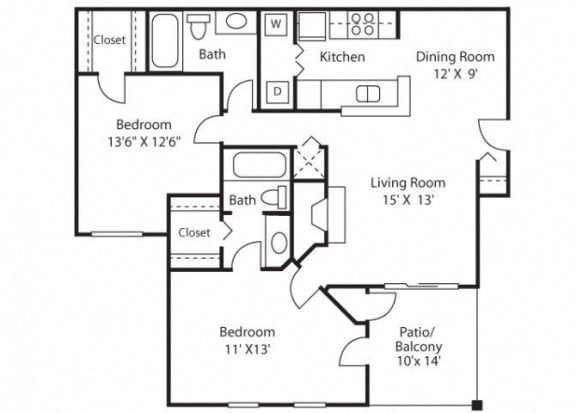 2 bedroom 2 bathroomB3 Floor Plan at Grove Point, Norcross, GA, 30093