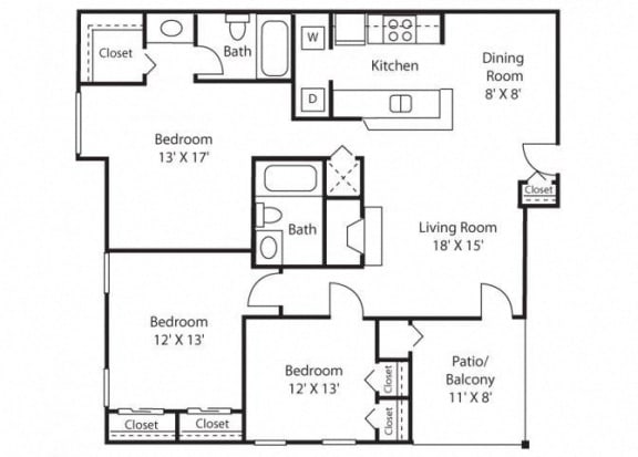 3 bedroom 2 bathroom  C1 Floor Plan at Grove Point, Norcross, GA