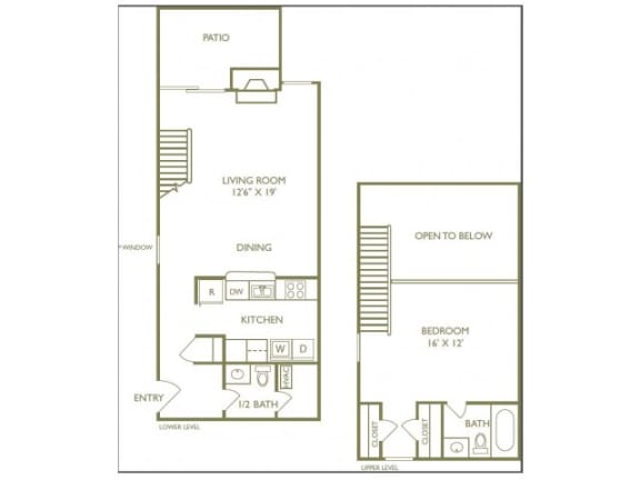The Carlton Floorplan 1 Bedroom 1 Bath 826 Total Sq Ft at Pointe Royal Townhome Apartments, Overland Park, KS 66213