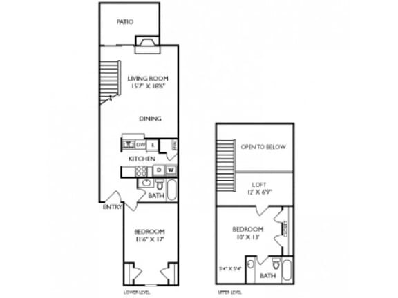 The Windsor Floorplan 2 Bedroom 2 Bath 1153 Total Sq Ft at Pointe Royal Townhome Apartments, Overland Park, KS 66213
