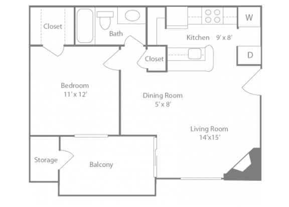 Belmont Floorplan 1 Bedroom 1 Bath 648 Total Sq Ft at The Edge of Germantown Apartments Home, Memphis, TN 38120