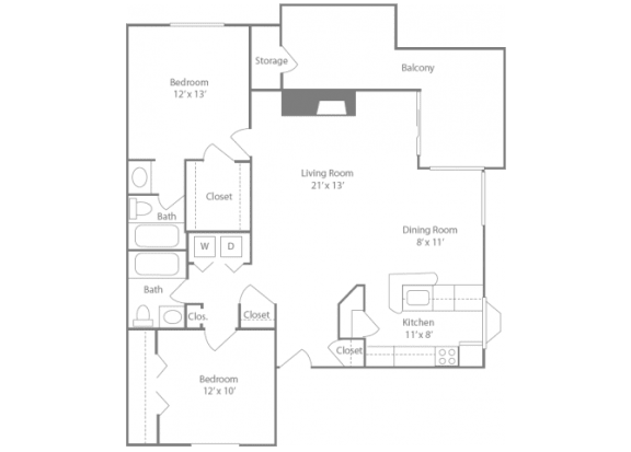 Epsom Floorplan 2 Bedroom 2 Bath 1090 Total Sq Ft at The Edge of Germantown Apartments Home, Memphis, TN 38120
