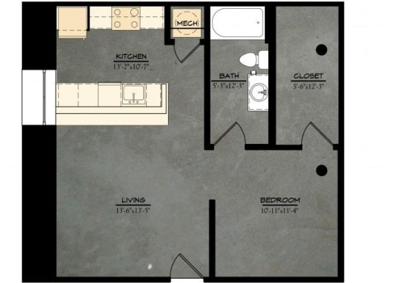 The Brewery A10 Floorplan 1 Bedroom 1 Bath 635 Total Sq Ft at The Tennessee Brewery, Memphis, TN 38103