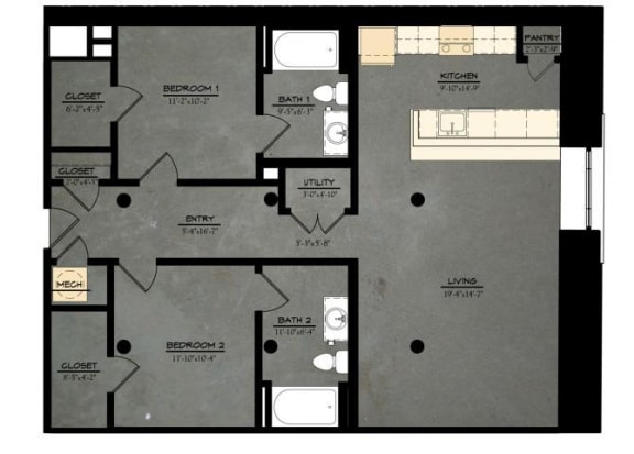 The Brewery B3 Floorplan 2 Bedroom 2 Bath 1136 Total Sq Ft at The Tennessee Brewery, Memphis, TN 38103