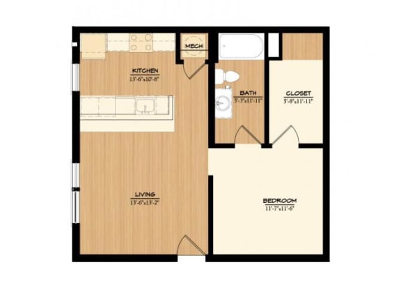 The Wash House A3 Floorplan 1 Bedroom 1 Bath 668 Total Sq Ft at The Tennessee Brewery, Memphis, TN 38103