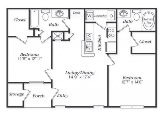 Bach Floorplan 2 Bedroom 2 Bath 1104 Total Sq Ft at Villas at Carrington Square Apartments, Overland Park, KS 66221