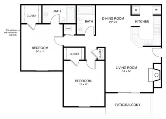 The Brentwood Floorplan 2 Bedroom 2 Bath 1002 Total Sq Ft at 15Seventy Chesterfield Apartment Homes, Chesterfield, MO 63017