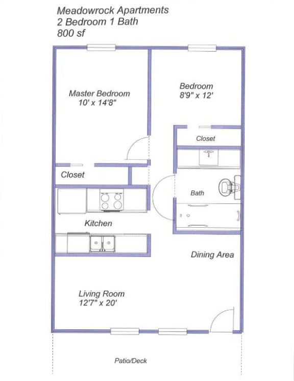1 Bedroom Floor Plan at Meadowrock Apartments, Santa Rosa, CA, 95403