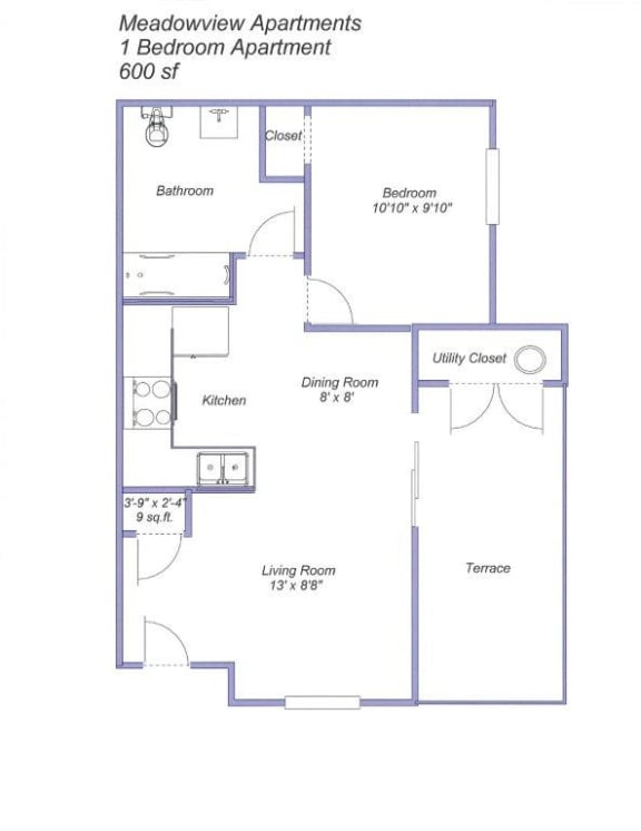 1 BRM APT Floor Plan at Meadowview Apartments, Santa Rosa, CA, 95407