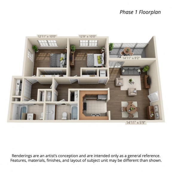 2 bedroom 3d floorplan Phase 1 for Town View Apartments Elizabethton