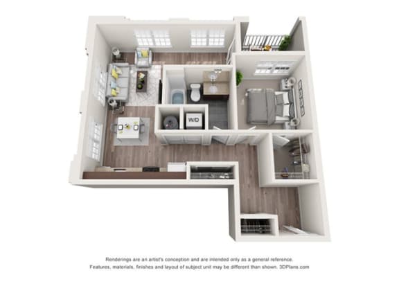 1 bedroom 1 bathroom apartment floor plan with porch/balcony