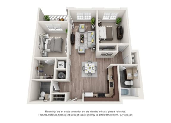 2 bedroom 1 bathroom apartment floor plan with porch/balcony
