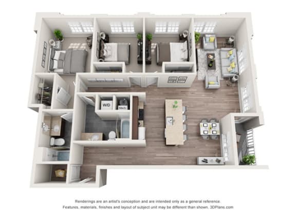 Floor Plan  3 bedroom 2 bathroom apartment in libbie-mill midtown floor plan with porch/balcony
