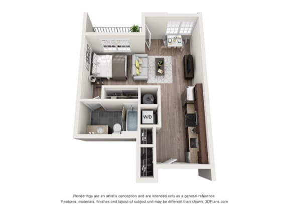 studio apartment 1 bedroom 1 bathroom floor plan with porch/balcony