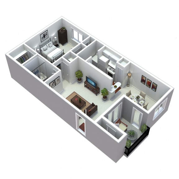 3-D 1 bedroom floorplan