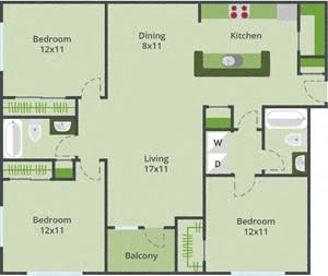 3 bedroom 2 bathroom floor plan A at Lake Cameron, Apex, NC, 27523