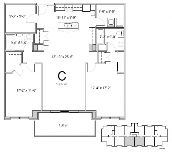 Floor plan of a 2 bed, 2 bath apartment at Amesbury Gate in Bedford, NS