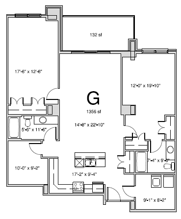 Floor plan of a 2 bed, 2 bath apartment at Amesbury Gate in Bedford, NS