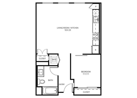 1 E3A - 1 Bedroom 1 Bath Floor Plan Layout - 730 Square Feet