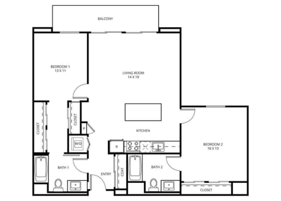 2 D2 - 2 Bedroom 2 Bath Floor Plan Layout - 1133 Square Feet