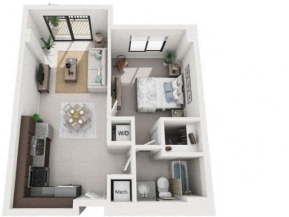 1 Bed 1 Bath Floor Plan | 710 Sq. Ft. at District West Gables Apartments in West Miami, Florida