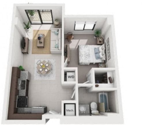 1 Bed 1 Bath Floor Plan | 710 Sq. Ft. at District West Gables Apartments in West Miami, Florida