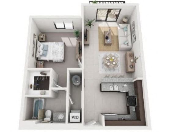 3D 1 bedroom floor plan | District West Gables Apartments in West Miami, Florida