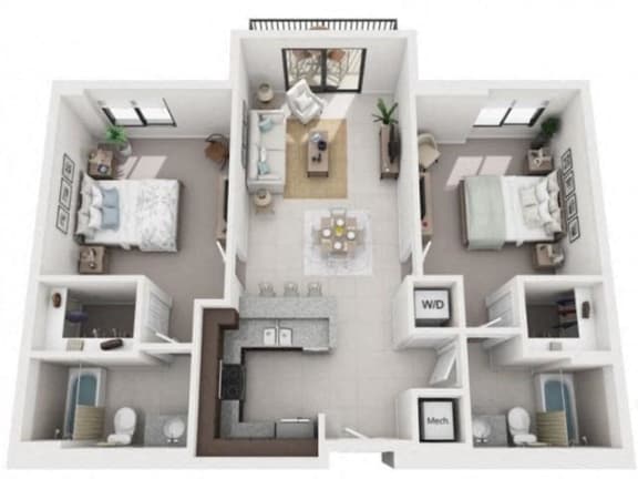 2 Bed 2 Bath Floor Plan | 990-to995 Sq. Ft. District West Gables Apartments in West Miami, Florida