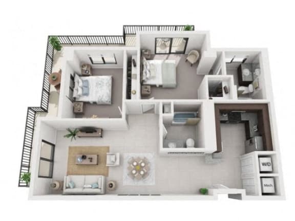 2 Bed 2 Bath Floor Plan | 1,010 Sq. Ft. at District West Gables Apartments in West Miami, Florida