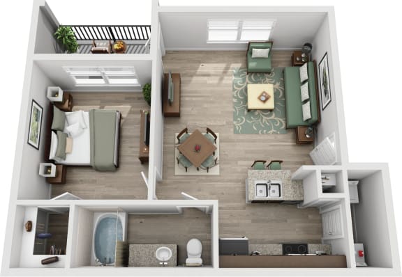 1 bedroom 1 bathroom  MUNICH Floor Plan  at Century Stone Hill North Apartments, Texas, 78660