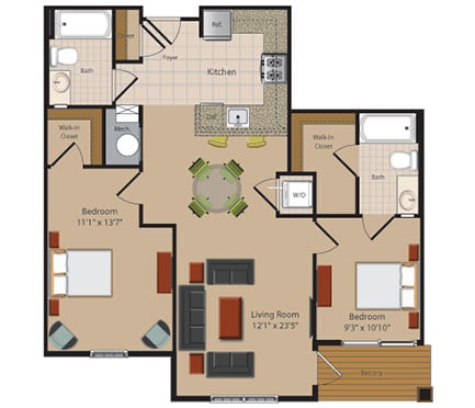 2 Bedroom 2 Bathroom Floor Plan at Garfield Park, Arlington