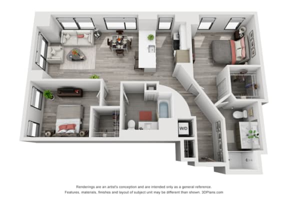 2 bed 2 bath floor plan U at Residences at Addison Clark, Chicago, Illinois