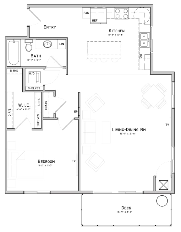 One bedroom layout-Mimosa floor plan for rent at WH Flats in South Lincoln NE