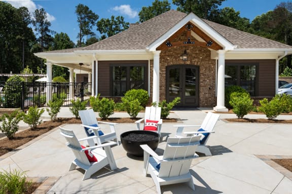 Outdoor Grilling Area with Seating & Fire Pit at Echo at North Pointe Center Apartment Homes, Alpharetta, GA 30009