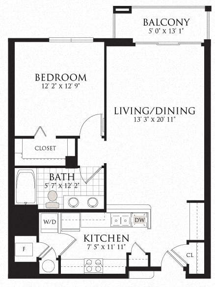 1 bed 1 bath floor plan Eat Regency Place, Oakbrook Terrace, IL, 60181
