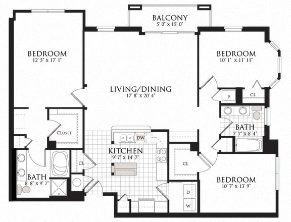 3 bed 2 bath floor plan Cat Regency Place, Oakbrook Terrace, IL, 60181