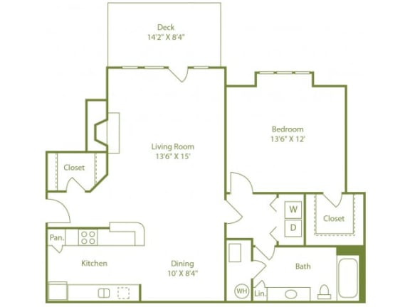 One bedroom one bath apartment home with galley kitchen, dining area, outdoor patio off living room and walk in closet in bedroom.