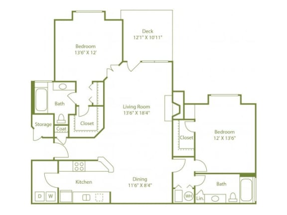Two-bedroom two bath split floor plan apartment home with laundry room, separate dining area, open living room, outdoor patio and walk in closets in each bedroom.