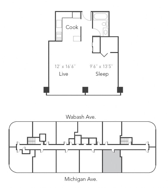 Studio 1 bath A at Park Michigan Apartments, Chicago