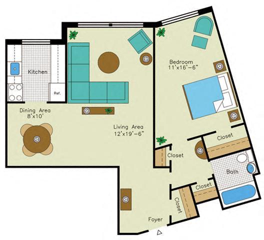 1 bedroom 1 bathroom B Floorplan at Quebec House, Washington, 20008