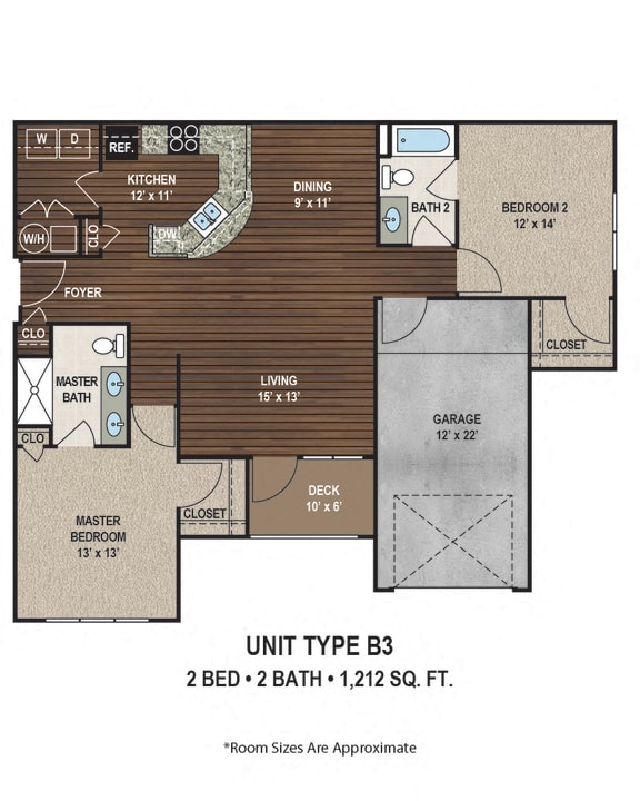 B3 1,212 Sq.Ft. Floor Plan at Ascent at Mallard Creek Apartment Homes, North Carolina, 28262