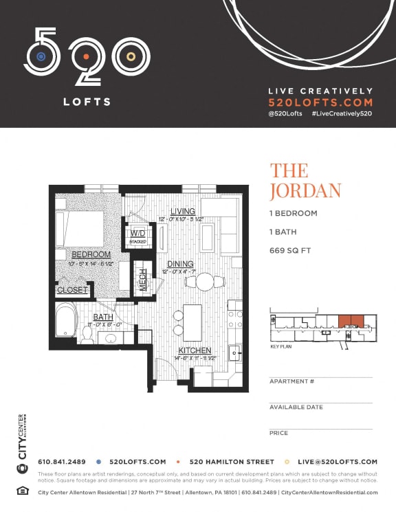 Jordan Floor Plan at 520 Lofts, Pennsylvania 18101