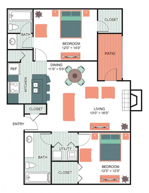2 Bed 2 Bath Floor Plan at  Wildwood Apartments, CLEAR Property Management, Austin, 78752