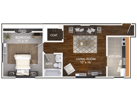 One bedroom layout One Bedroom layout at Connecticut Plaza Apartments in Washington, DC, 20008