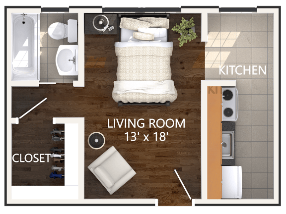 Large Studio layout Large Studio Floor Plan at Connecticut Plaza Apartments in Washington, DC