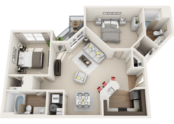 3d 2 bedroom floor plan | The Tribute Apartments in Raleigh, NC